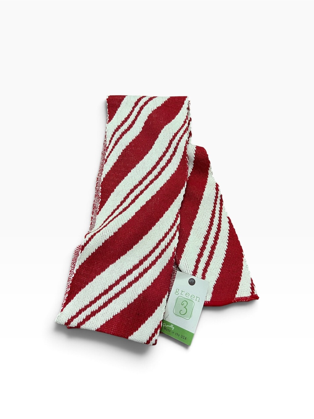Green 3 NWT Red & White Diagonal Stripe Recycled Cotton Knit Scarf Made in USA
